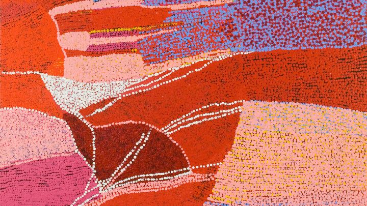 Abstract art featuring red, blue, orange and white shapes